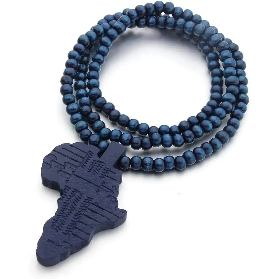 Multicolor 8MM Wooden Bead Chain African Hip-hop Africa Map Pendant Necklace for Men Boys Natural Wood Jewelry