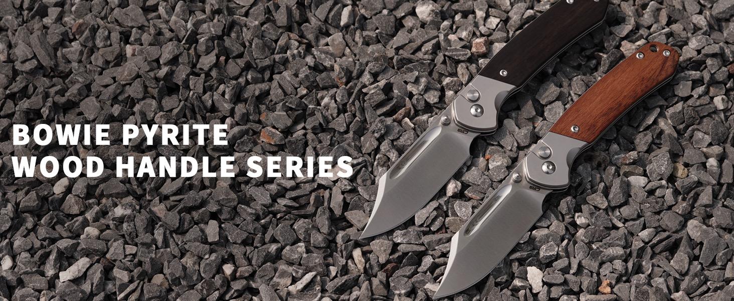 CJRB Bowie Pyrite Pocket Tool Knife with 3.15'' AR-RPM9 Steel Blade, Hunting Knife with Wood Handle for Camping and FathersDayGift