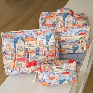 3-Piece Set Large Medium Small Cartoon Illustration Makeup Bag, High Capacity Cute Portable Travel Storage Organizer, Travel Cosmetic Bag