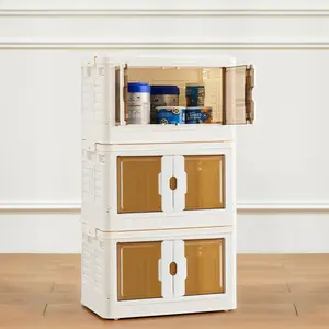 Stackable Plastic Storage Box with Lid Foldable Storage Box with Door and Wheels, Portable Lockable Storage Box for Living Room