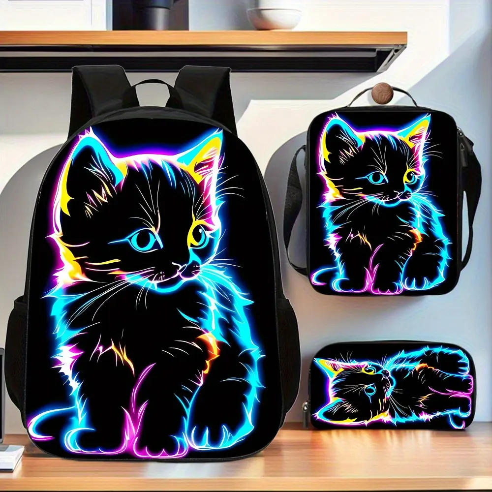 Neon Cat 3-Piece Backpack Set, Glowing Kitten Print School Bag + Lunch Bag + Pencil Case, Oxford Cloth Adjustable Strap Daypack for Animal Lovers & Kids