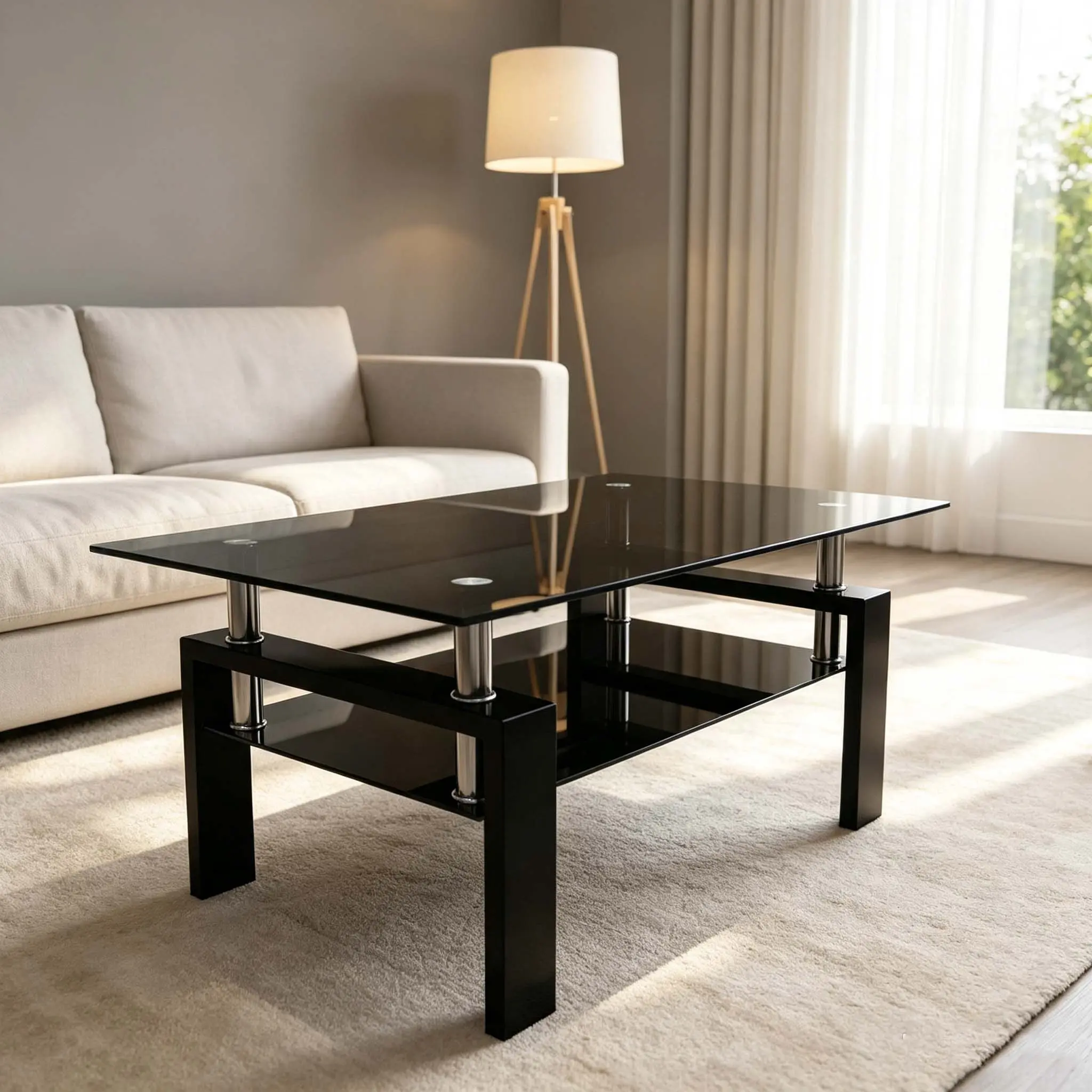 Rectangle Black Glass Coffee Table, 2-Tier Modern Center Table with Iron Frame, Storage Coffee Table for Living Room Home Office
