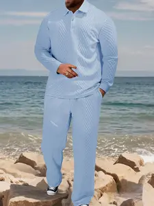 Men's Textured Long Sleeve Polo Shirt & Drawstring Pants Set, Casual Fitted Design, All-Season Wear, Comfortable Fit