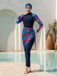 Women's Long Sleeve Plant Pattern Swimwear Set, Conservative Middle East Style Bikini Suit, Summer Beach Vacation Wear