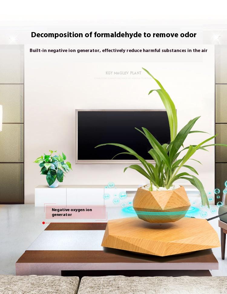 Cool Magnetic Levitating Plant Pot, 360° Rotating Floating Flower Pot with Wooden Texture Base, Unique Home & Office Desk Accessory