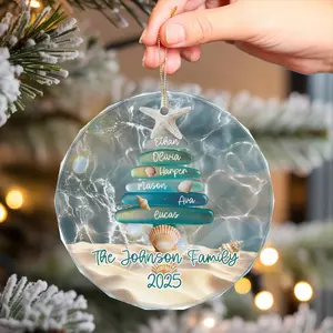 [NEW] Personalized Beach Family Ornament, Custom Sea Glass Christmas Ornament, Coastal Holiday Keepsake with Family Name