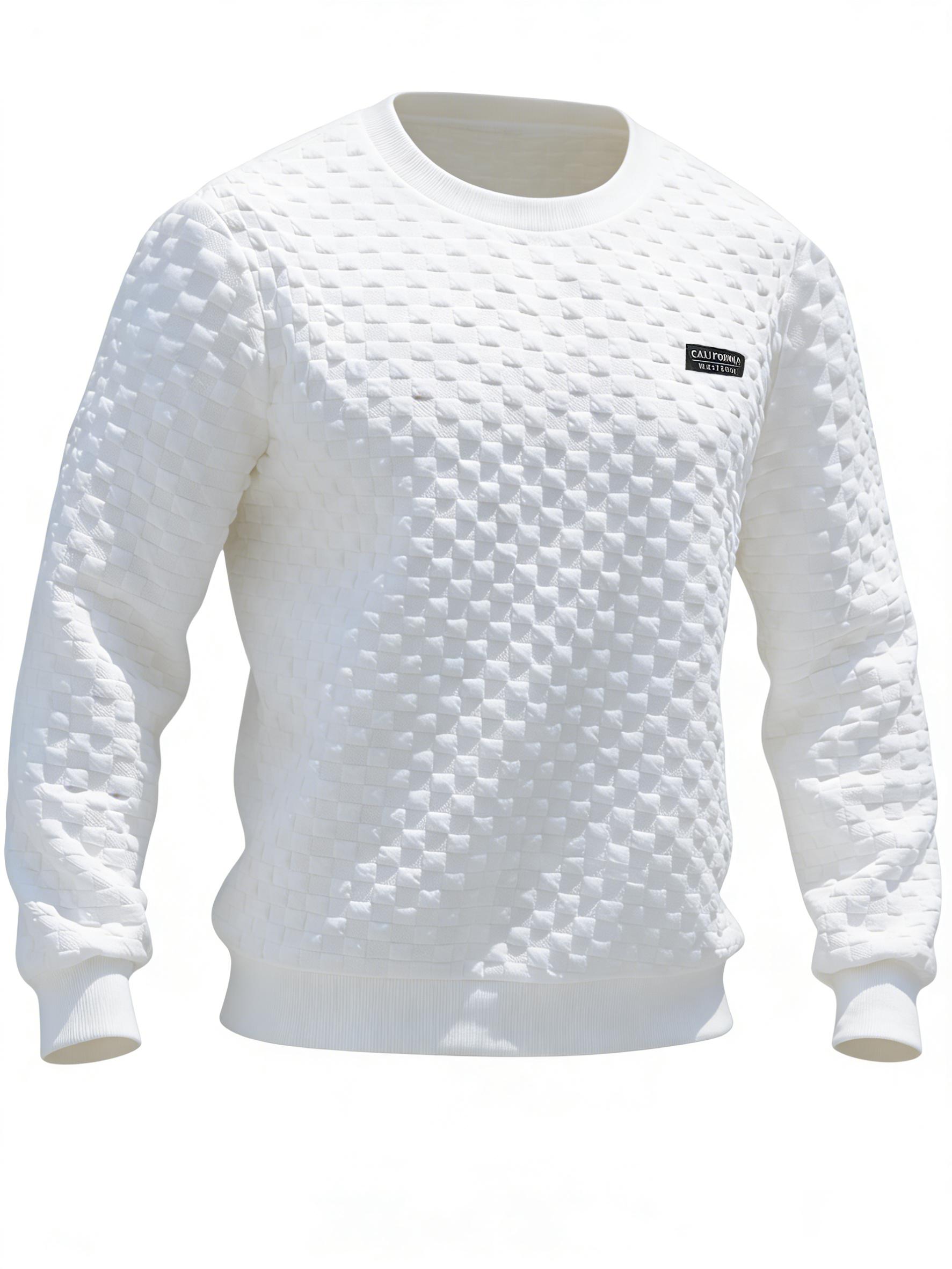 Men's Fashion Casual White Mesh Sweatshirt - Crewneck Long-Sleeve Regular Fit, Soft and Comfortable Fabric, Textured Casual Streetwear Top, Ideal for Daily Casual Wear and Outdoor Activities