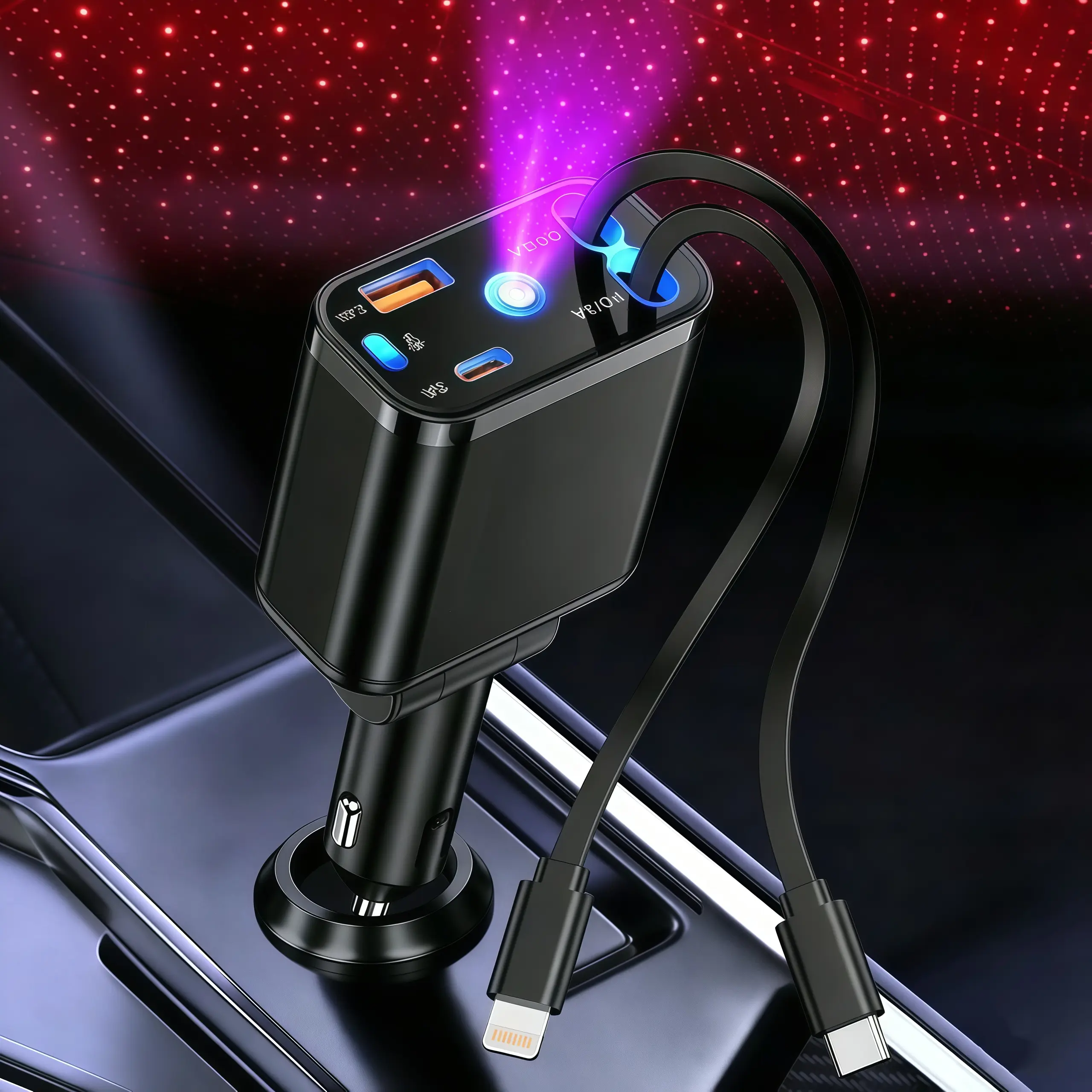 5-in-1 120W Retractable Car Charger with LED Red Starry Sky Projector - Fast Charging USB-C & USB-A Car Adapter for iPhone 17/16 Pro Max/15/14/13/12, Fits 12V/24V Cars, SUVs & Trucks