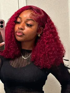 Red Colored Short Bob Kinky Curly 13X4 Lace Front Human Hair Wig 99J Burgundy Brazilian Curly Wave Lace Frontal Wig 200% For Women Kinky Curly Wigs