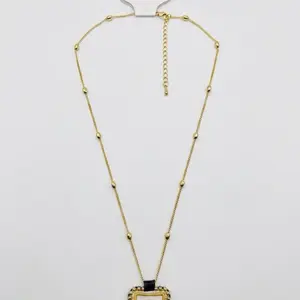 Elegant Gold Tone Necklace with Square Pendant and Beaded Chain for Women's Fashion