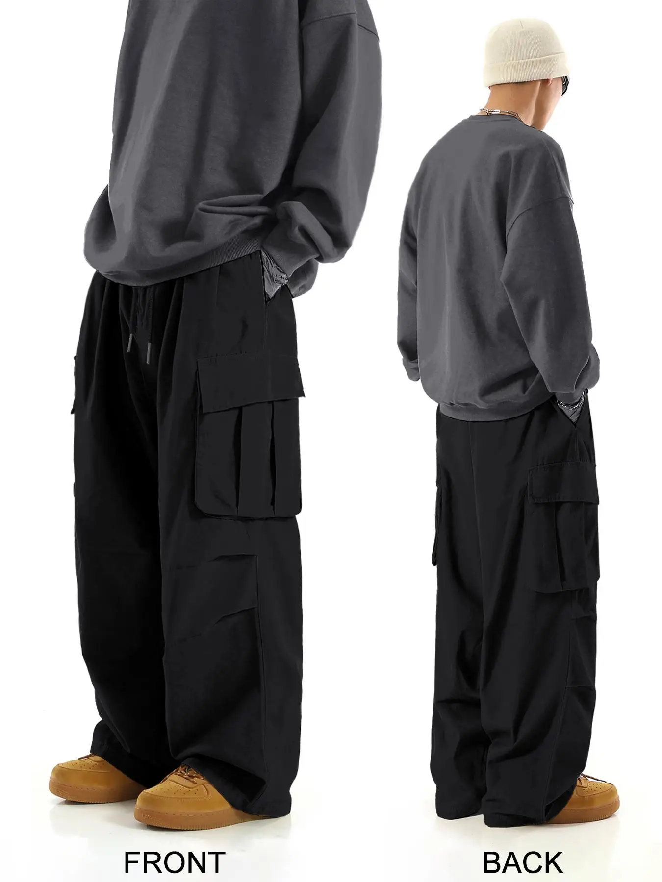 Unisex's Solid Pocket Drawstring Waist Cargo Pants, Loose Casual Elastic Waist Wide Leg Trousers for Daily Wear, Mens Pants, Pants for Men, Fashion Un