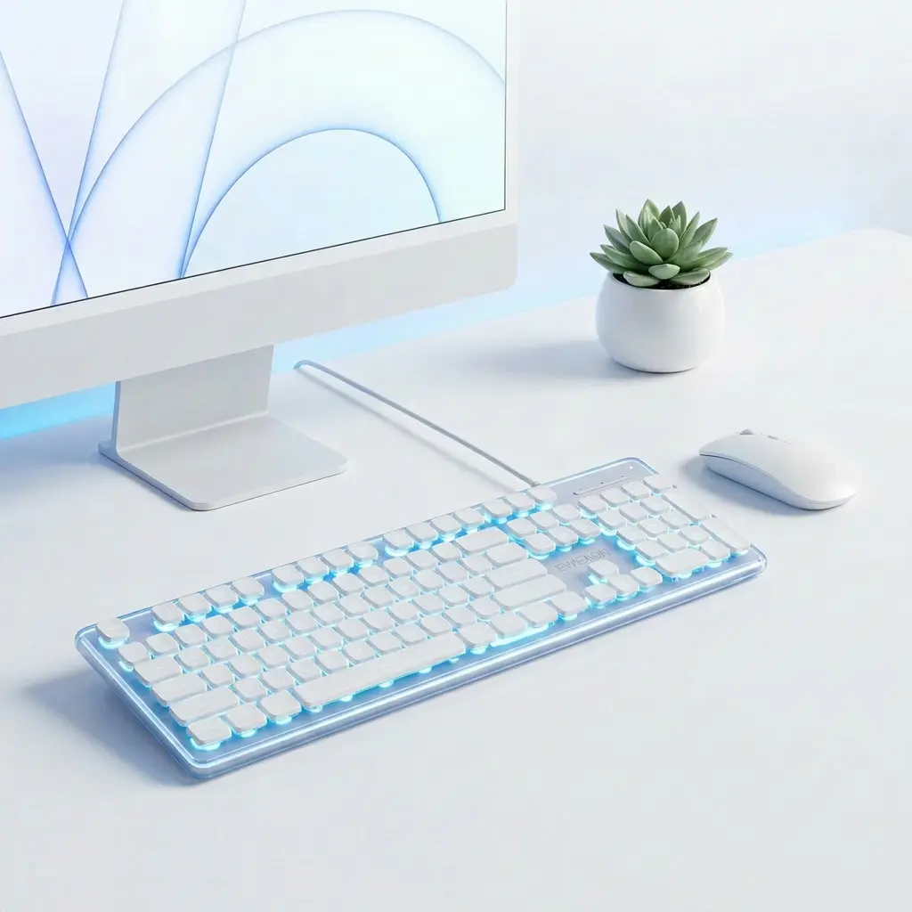 GX710S Wired Backlit Keyboard, Full Size 104 Keys with Number Pad, Quiet USB Computer Keyboard for Home Office, Study & Casual Gaming, White LED Keyboard (White/Pink)