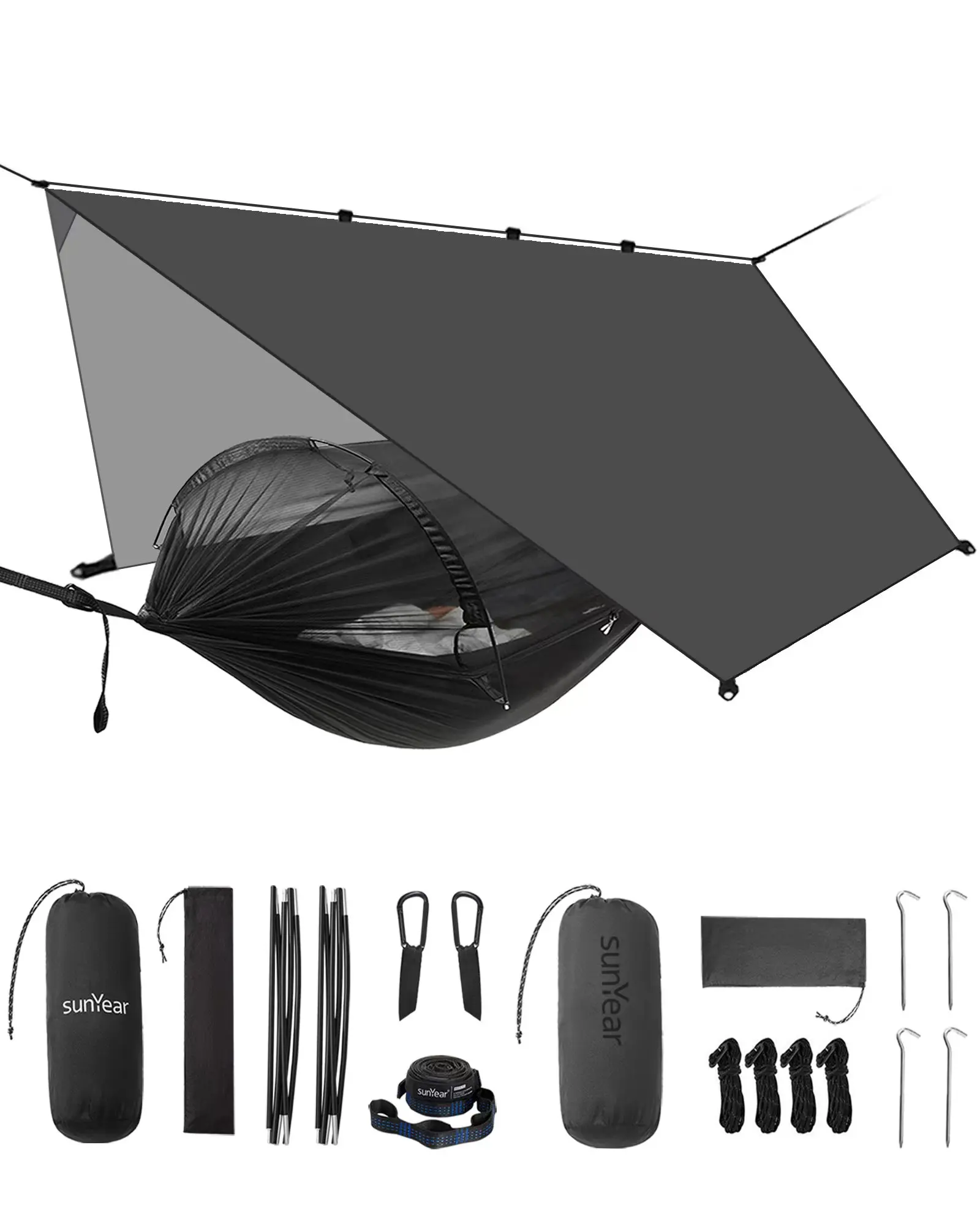 Sunyear Camping Hammock Kit - Unisex, 210T Parachute Nylon, Mosquito Mesh, Waterproof Rain Fly, Lightweight Single-Person Hammocks/Double-Single Shelter, 500lb Capacity for Backpacking