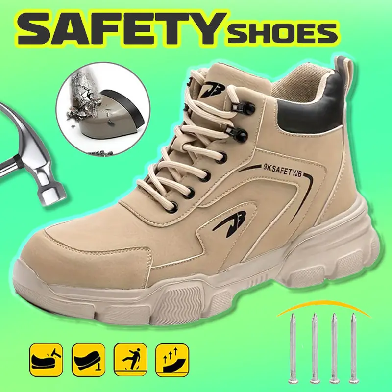 9KSafetyJB Breathable Anti Smash Anti Puncture Labor Protection Shoes Steel Toe Men's Non Slip Fabric Upper EVA Sole All-Season Casual