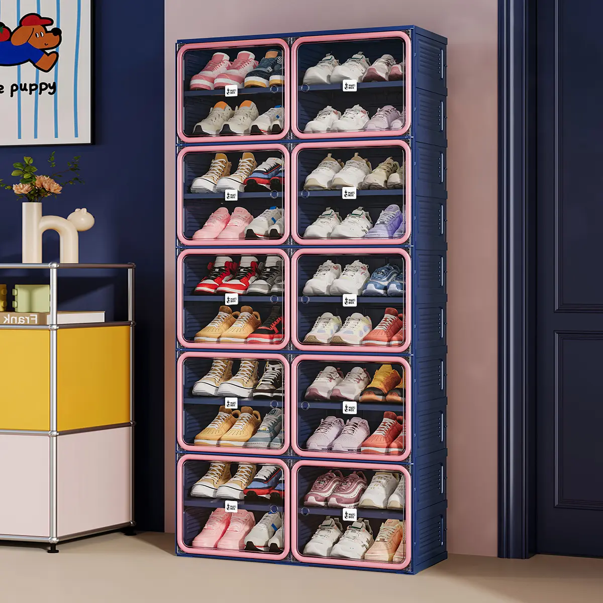 Colorful Stackable Shoe Storage Cabinet with Magnetic Clear Doors, Foldable Entryway Shoe Organizer, Sneaker Display Rack (6/8/10 Tier, Pink-Blue)
