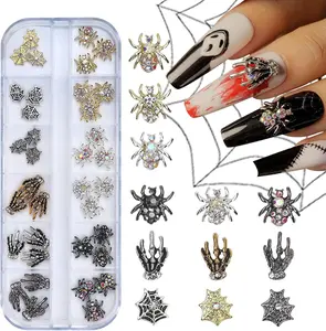 Halloween Nail Charms 3D Spider Hand Nail Art Supplies Black Gold Silver Charms Nail Jewelry Halloween DIY Nails Art Decoration Accessories 36Pcs