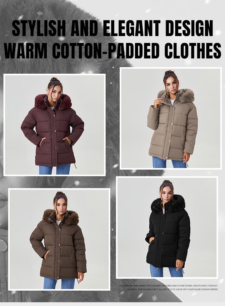KatchMe Women's Versatile Solid Color Fluffy Hooded Zip-Up Belt Decor Cotton Coat, Cozy Outerwear Jacket for Fall & Winter, Classy Mid-Length Outfit(US/CN)