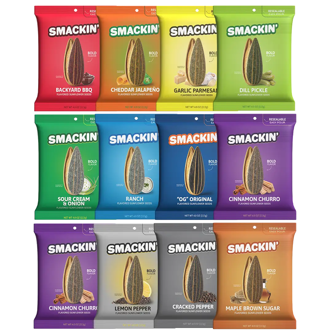 SMACKIN' Sunflower Seed Variety Pack - 12 Resealable 4 OZ Bags - 11 Flavors, Bold Flavor, No Salty Burn