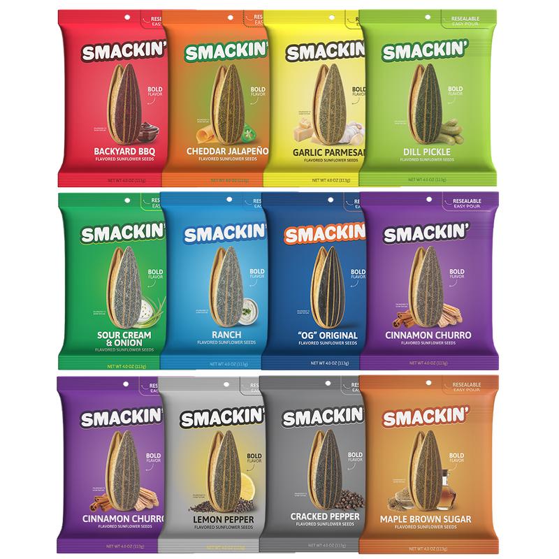 SMACKIN' Sunflower Seed Variety Pack - 12 Resealable 4 OZ Bags - 11 Flavors, Bold Flavor, No Salty Burn