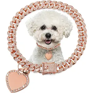 Dog Chain Gold-Plated Diamond Collar with Heart Rhinestones Jewelry Pet ID Tag Chain Heart Bling Collar with Personalized Name Tag for Small Medium Large Dogs Cats(Rose Gold,8 Inch)