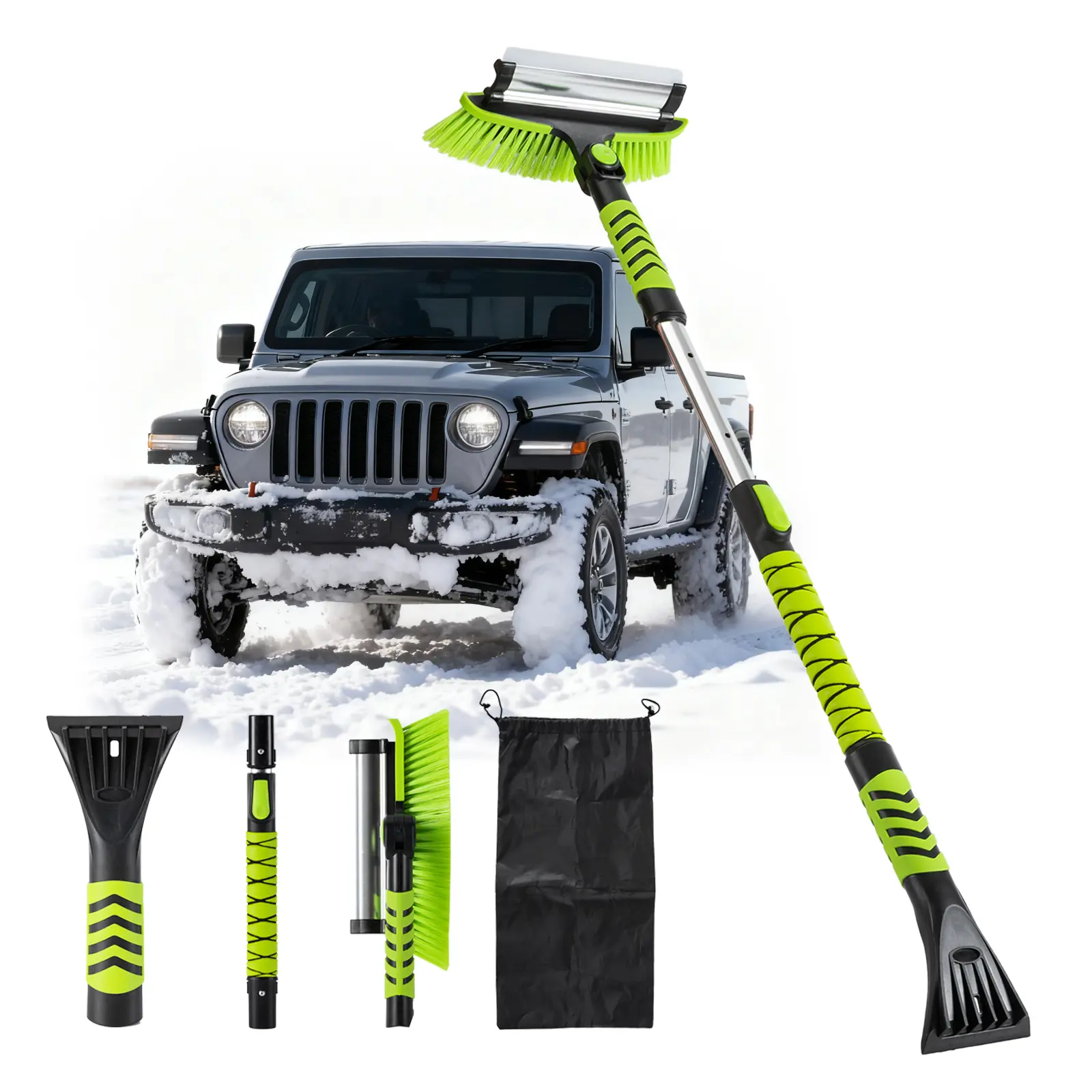 Steelite 42-in Portable 3-in-1 Snow Brush-Ice Scraper-Squeegee Tool, 34.2 in. Extendable Aluminum Handle, Pivoting Head, Ergonomic Foam Grip, Scratch-Safe Wipe, Clipper, Perfect Gift for Car Lovers