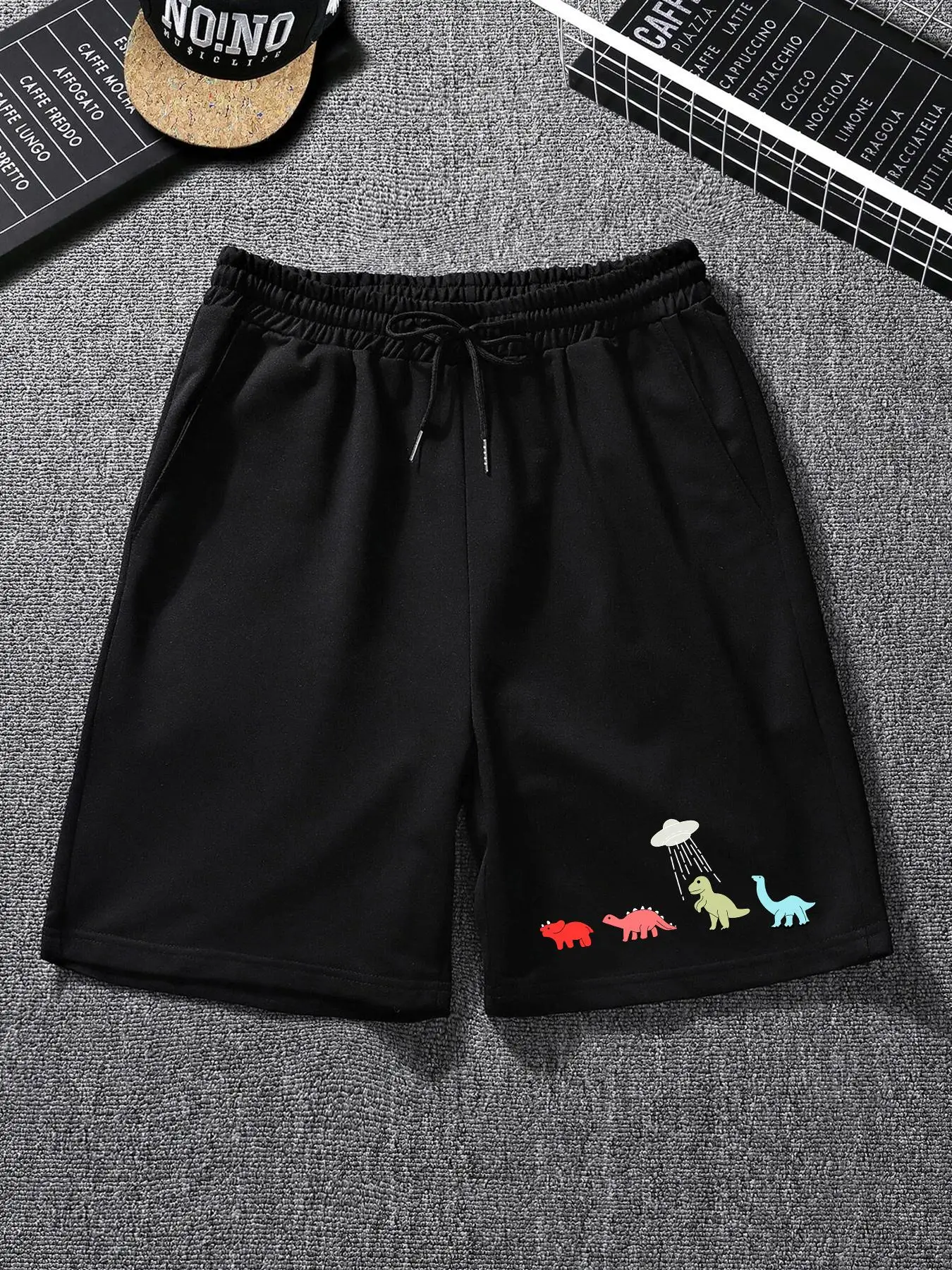 Men's Dinosaur Print Drawstring Waist Shorts, Summer Clothes, Flying Saucer Printed Shorts Cute Casual Style, Loose Casual Pocket Elastic Waist Straig