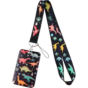 SQ-KC069 Black ID Lanyard Badge Holder Dinosaur Cute Key Lanyard for ID Badges for Kids Women Girls Cool Keychain Lanyard for Men Teens Boys Students School Card Lanyard ID Holder