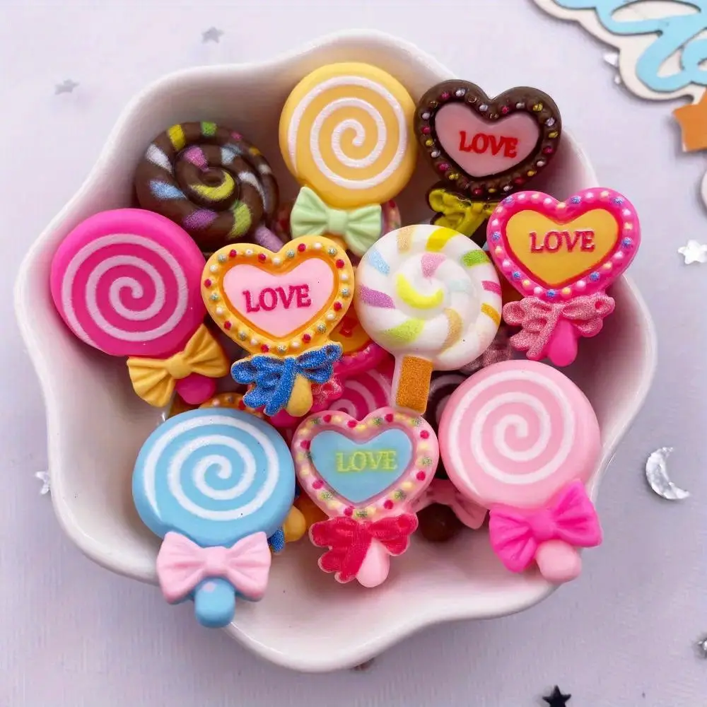 10pcs Mixed Resin 3D Colorful LOVE Heart Bowknot Lollipop Flat back Cabochon Scrapbook Figurines DIY Bow Christmas Decor Jewelry Crafts Accessories