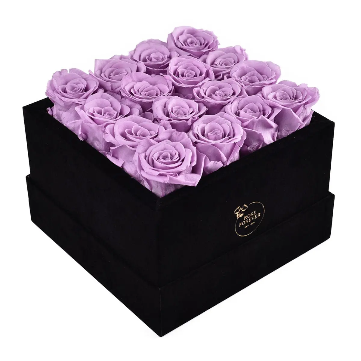 16 Dainty Lilac Preserved Faux Rose Decorative Bouquet, Square Shape Black Velvet Box - Parisian Hat Accent Gift for Home Decor, Faux Silk Flowers