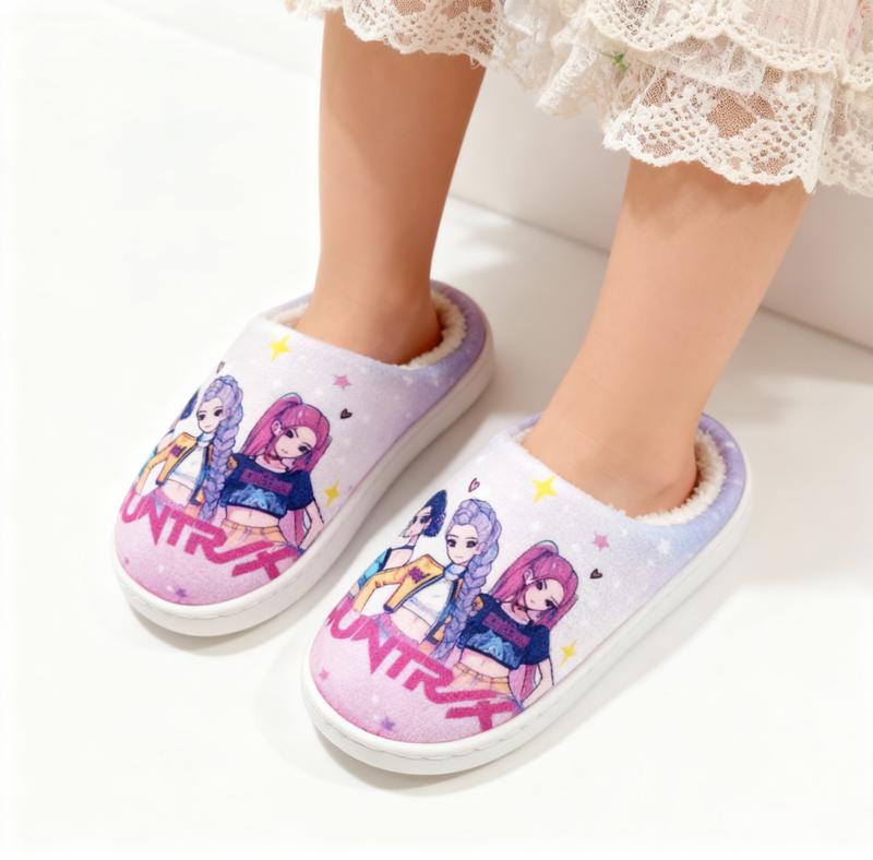 KPOP Demon Hunter Role Printed Slippers,  Unisex-Child Casual Flannel Warm Slippers Easy Slip Kids Slipper for Boys Girls Comfortable Winter House Shoes for Indoor Outdoor(Little Kid/Big Kid)