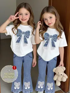Sweet Cool Rhinestone Bow Girls' Short Sleeve Set Fringed Denim Flare Pants Kids' Chic Casual Two-Piece Outfit
