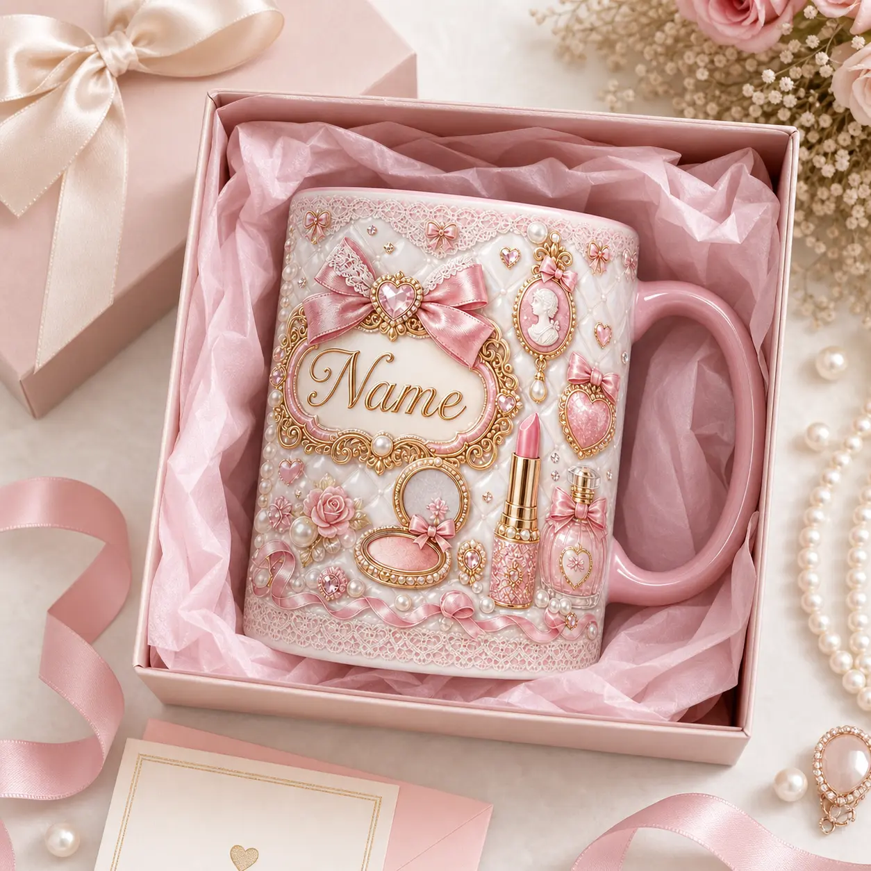 Pink Coquette Beauty Mug 2D Printed 3D Effect, Custom Name Ceramic Coffee Cup with Bow, Perfume, Makeup Design, Cute Gift for Women Girls