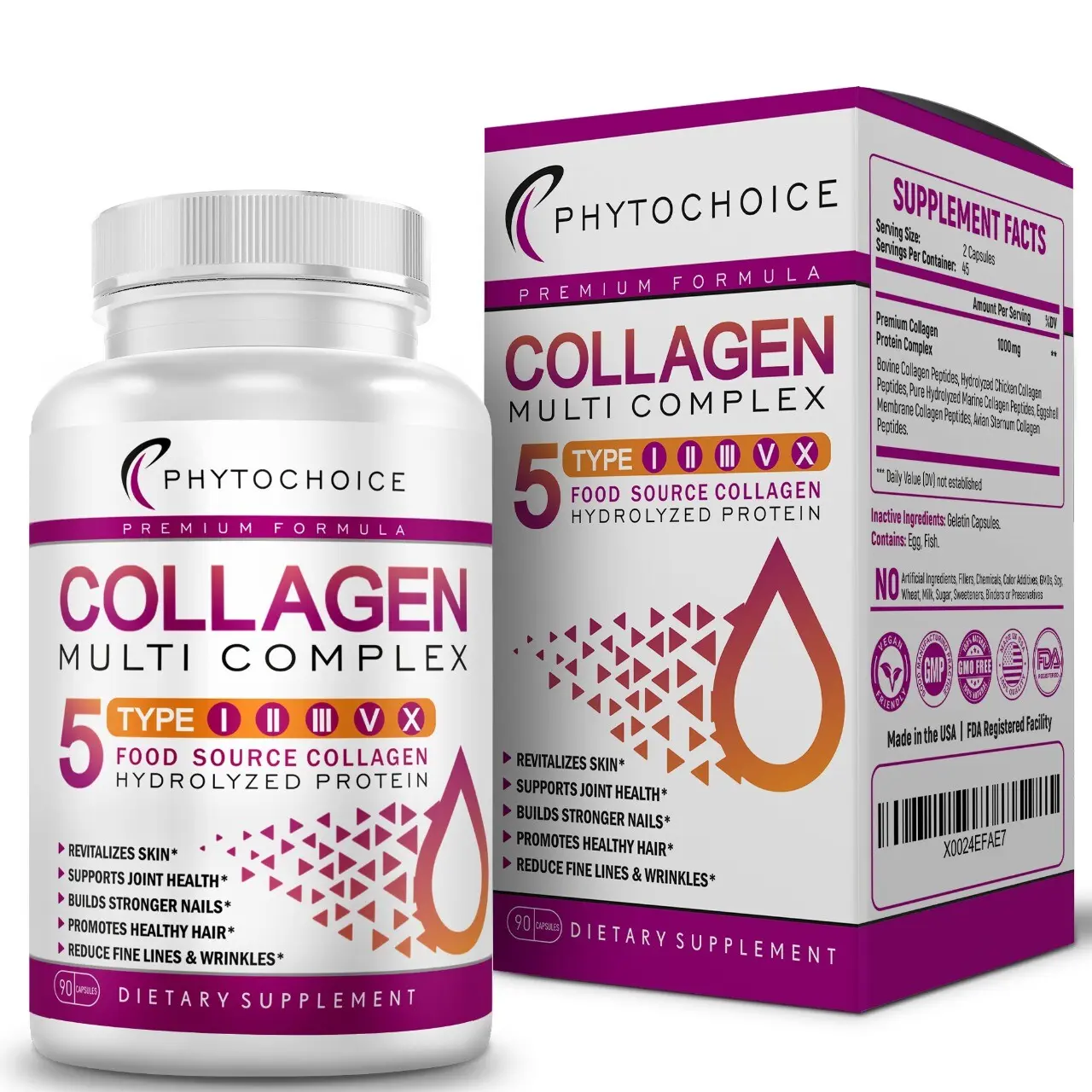 1 Bottle Multi Collagen Peptides-90 Capsules-Type I,II,III,V,X Anti-Aging Collagen Pills