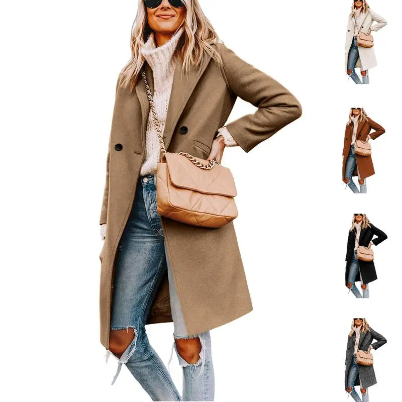Women's Classic Wool Blend Double-Breasted Notched Lapel Mid-Length Winter Peacoat - Trench Coat, Chic Sports & Outdoor Elegant Casual Outerwear to Elevate Your Style