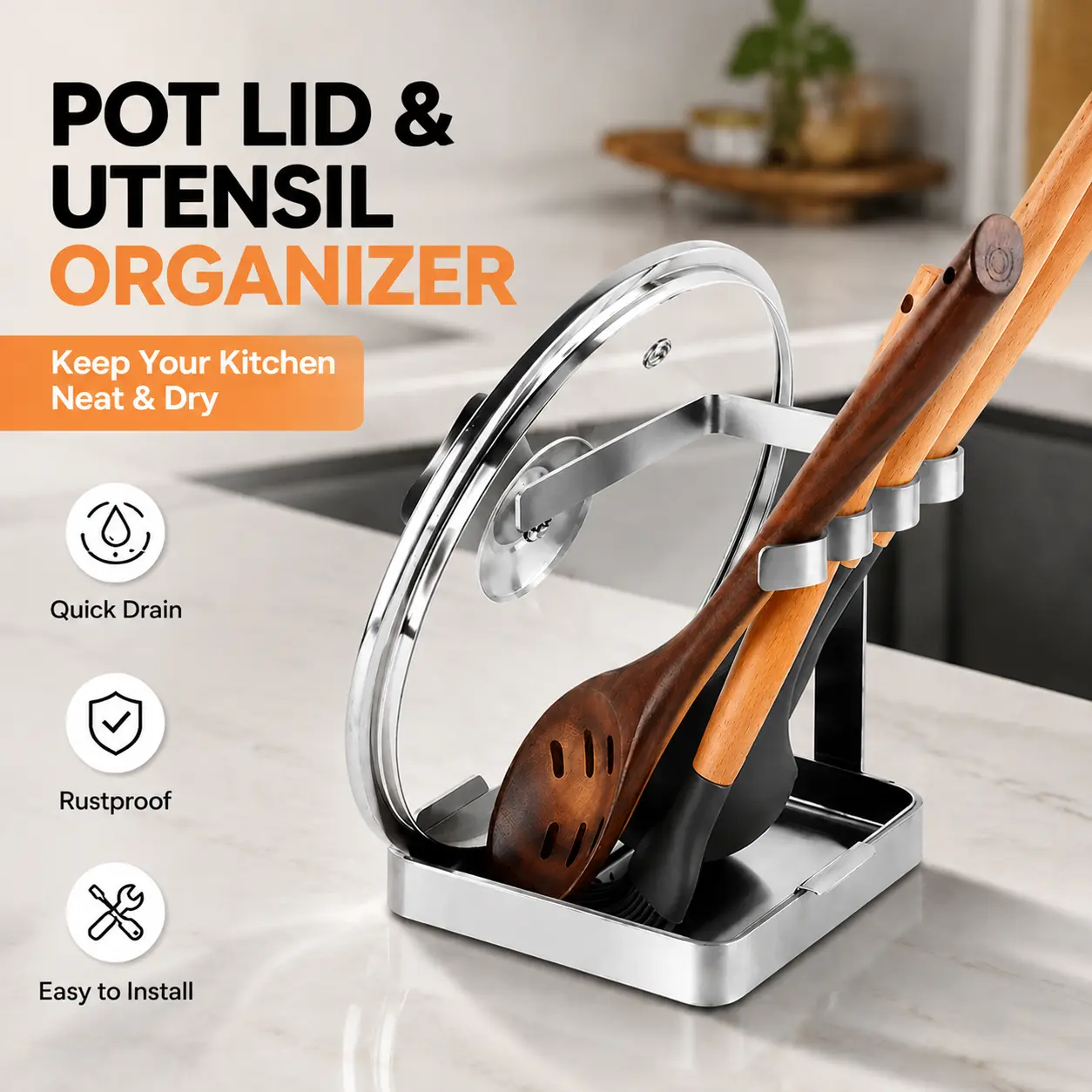 SOLEADER Vertical Spoon Rack and Lid Stand for Stove Top Kitchen Utensils Pot Lid Holder Organizer Foodgrade Stainless Steel with Drip Tray and Handle Home Cutlery Tableware Modern