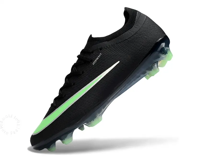 Semi-Transparent Neon Green Long Stud Wearproof Outsole Solid Black Fine Flyknit Fabric Neon Green Contrast Strip Low Cut Soccer Cleats, Ultra Light Breathable Speed Boost Anti-Slip Training