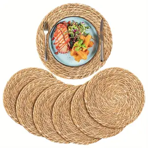 6-Pack Handmade Rattan Placemats - Round Woven Mats, Natural Placemats for Dining, Farmhouse Weave Place Mats, Insulation Pad, Rustic Braided Wicker Mats for Holiday Decor, Kitchen Decorative Placemat