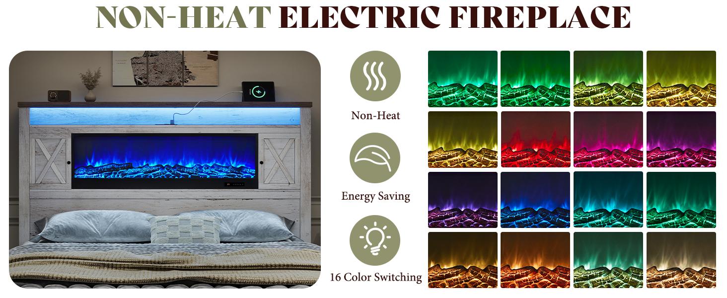 [Ships in 2 Boxes] VanAcc Bed Frame with Fireplace, Farmhouse Storage Platform Bed with 57" Headboard, Barn Door Cabinets, 4 Drawers & 2 Bedside Racks, RGB LED & Charging Station