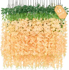 Artificial Wisteria Vine Decorative Hanging Garland for Easter Decorations 12pcs Set Silk Flower String for Creative DIY Ornaments Lightweight Room Champagne Color Home Party Wedding Decor