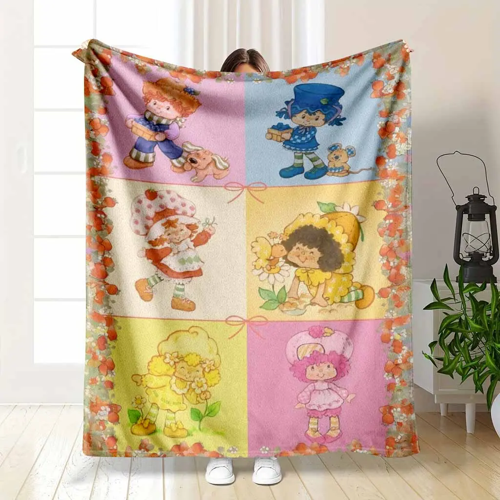 Vintage Cartoon Character Flannel Soft Blanket, Whimsical Berry Garden Print, Ultra-Soft Lightweight Breathable Texture, Portable Sleeping Throw Blanket for Living Room Sofa Nap & Camping Use, Soft Blankets