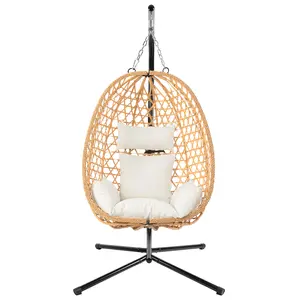 Premium Rattan Hanging Egg Chair, 350lb Weight Capacity, Plush Cushion Included, for Indoor & Outdoor Relaxation