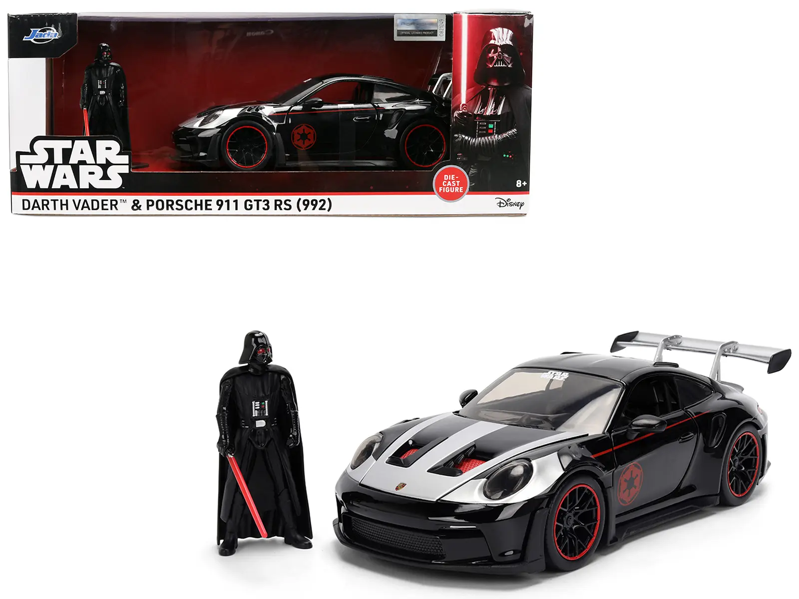 Porsche 911 GT3 RS (992) Black with Silver Hood and Graphics and Darth Vader Figure "Star Wars" 1/24 Diecast Model Car by Jada