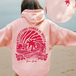 Women’s Pink Palm Puff Beach Hoodie with Kangaroo Pocket, Palm Tree Print, Soft Comfortable Tropical Pullover