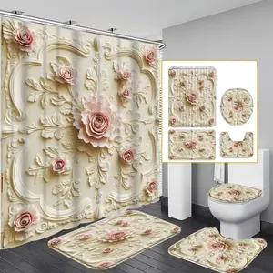 1PC/4PCS 2D Flat Printing Cream - colored Relief Rose Decoration Patterned shower curtain, home bathroom decor, shower curtain set with 12 hooks, non-slip bathroom rug, U-shaped toilet seat cover, toilet seat mat.