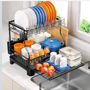 TOOLF Extendable Dish Drying Rack, 2-Tier Dish Rack for Kitchen Counter, Large Expandable Dish Drainer Over Sink, 3 in 1 Multifunction Dish Strainer with Drainboard & Cups Holder, Black  Amazon's Choice