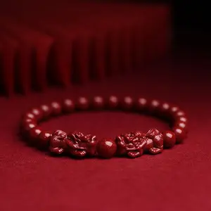 Cinnabar Double Pixiu Charm Bracelet, Fashion Bracelets with Beads, Daily Wear Bangle, Costume Jewelry Gift