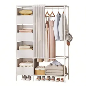Portable Simple Wardrobe With 4-Layer Hangers, Independent Wardrobe Organizer, And Storage System With Hanging Rods And Side Hooks. Metal Hangers Are Suitable For Wardrobes, Bedrooms, Entrances, Etc., Saving Space.