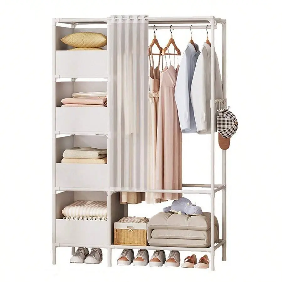 Portable Simple Wardrobe With 4-Layer Hangers, Independent Wardrobe Organizer, And Storage System With Hanging Rods And Side Hooks. Metal Hangers Are Suitable For Wardrobes, Bedrooms, Entrances, Etc., Saving Space.