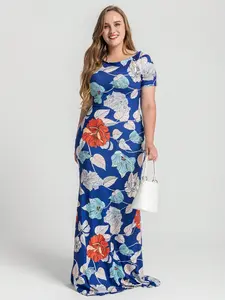 Women Plus Size Hawaiian Floral Print Bodycon Maxi Dress, Round Neck Short Sleeve Mermaid Hem, Casual Long Dress, Multi Color Options