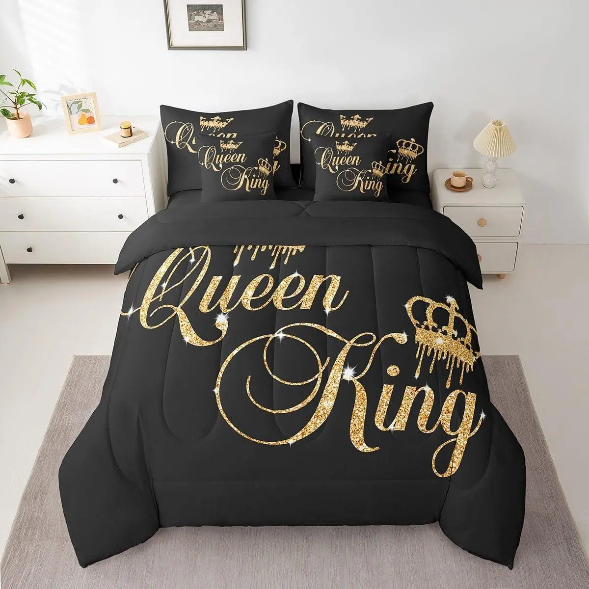 Crown and Couple Bedding Set His and Hers Bed in a Bag for Teens Women Men Black Golden ,Lover Romantic Valentine's Day Decorations Bed Set All Season(No Glitter)